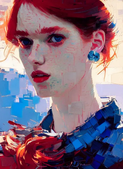 Image similar to portrait of a beautiful girl, redhead, shades of blue, beautiful face, rule of thirds, intricate outfit, spotlight, by greg rutkowski, by jeremy mann, by francoise nielly, by van gogh, digital painting