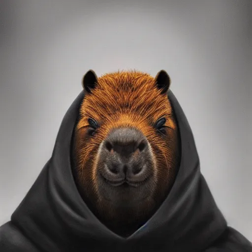 Image similar to a portrait of a capybara wearing a black hood, cloak covering face, anatomically correct, beautiful perfect face, enigmatic, oil painting, matte, black background, volumetric dynamic lighting, highly detailed, cinematic lighting, unreal engine, 8 k, hd, by beksinski