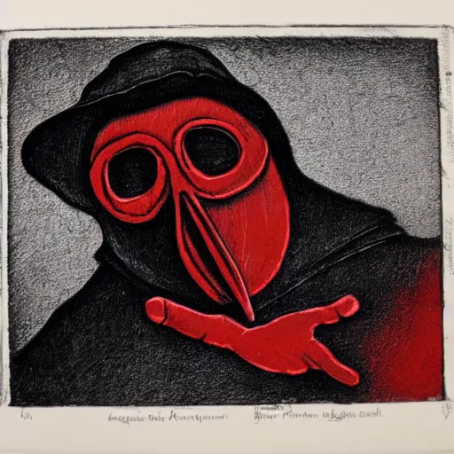 Image similar to etching of a plague doctor, black and red