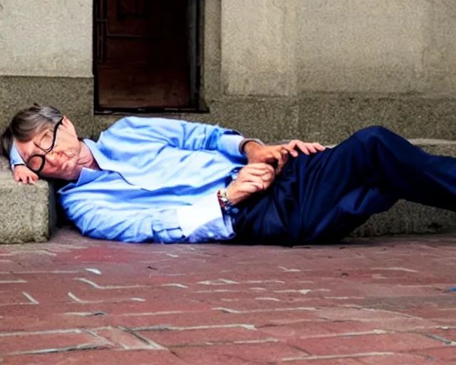 Prompt: drunk bill gates sleeping in the street