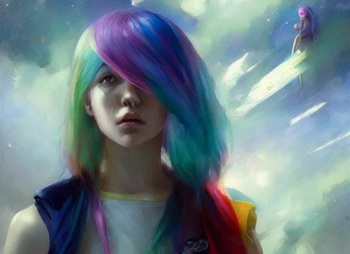 Image similar to a girl with rainbow hair standing in a spaceship, futuristic spaceship, official art, by jeremy lipking, by artgerm, realistic expressive oil painting, cgsociety, anime style, detailed spaceship interior, octane render