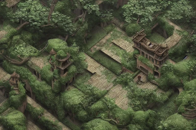 Image similar to a giant ancient chinese castle in forest with some ivy plants on the walls, by zhang zeduan, qiu ying, tang yin, cinematic, epic, dramatic lighting from above, dark, vines, fantasy, dust, unreal engine, octane, highly detailed, concept art, dark, super realistic