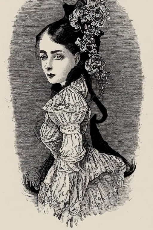 Image similar to female victorian scholar, black ink on paper, trending on artstation, beautiful, intricate, detailed