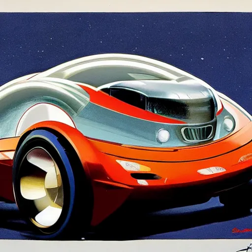 Prompt: concept art for a car that rides on a spherical wheel, painted by syd mead, high quality