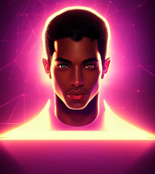 Prompt: symmetry!! egyptian prince of technology, solid cube of light, hard edges, product render retro - futuristic poster scifi, lasers and neon circuits, brown skin man egyptian prince, intricate, elegant, highly detailed, digital painting, artstation, concept art, smooth, sharp focus, illustration, dreamlike, art by artgerm