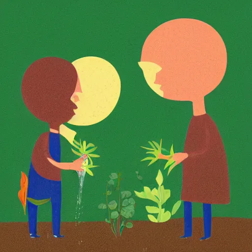 Image similar to a couple watering each other's heads which are made of plants and the sun is shining