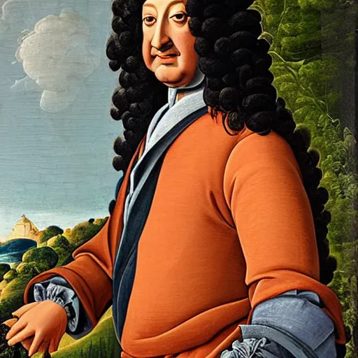 Prompt: Louis XIV wearing a Fortnite hoody, oil on canvas in the style of Botticelli