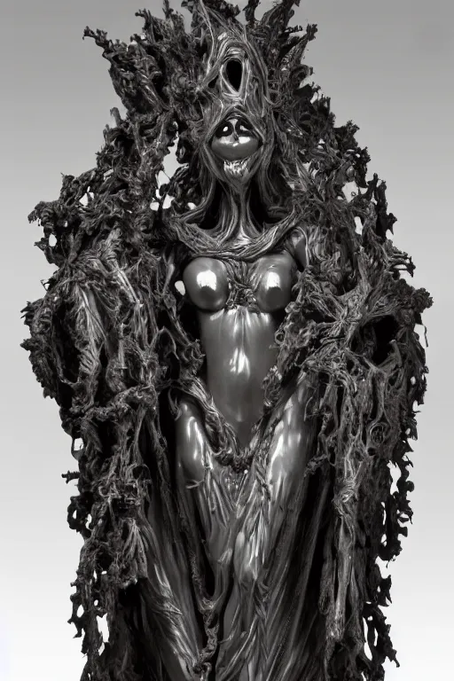 Image similar to a cinematic view of an highly ornated intricate macabre impressionist sacred statue of veiled ghoul made in light dark oak, with few ornaments in shiny polished graphite, sculpted by hedi xandt and antonio corradini, dark surrealism, freak gothic style