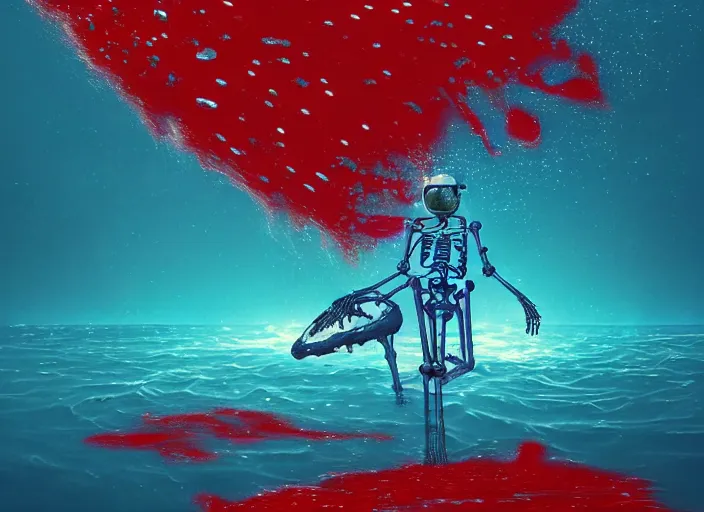 Prompt: a dreamlike scene of an astronaut swimming through the ocean surrounded by aliens, masterpiece, illustration, perfect, trending on pixiv, trending on artstation, background is falling apart into puzzle pieces, geysers of water spraying everywhere, red ink splatters amongst skeletal bones