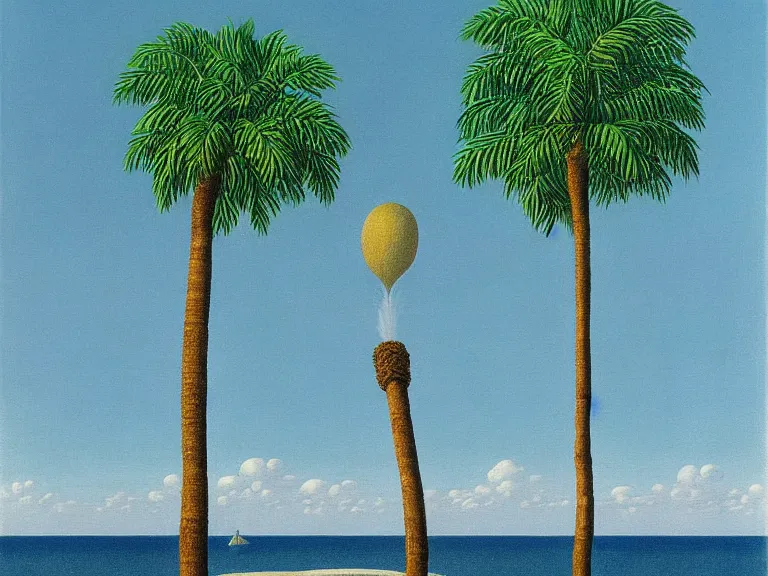 Image similar to lonely island with a palm tree in the middle of the sea painting by rene magritte, high detail, high resolution