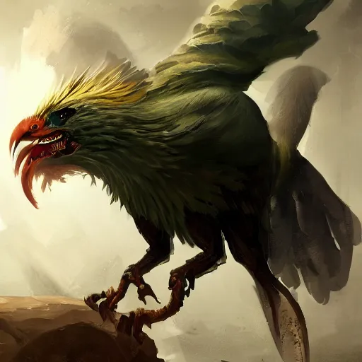 Image similar to digital painting of an elegant but deadly chicogriff, griffin chicogriff hybrid monster, by Greg Rutkowski, magic the gathering concept art, trending on artstation, 4k resolution, ((in a super market Costco))