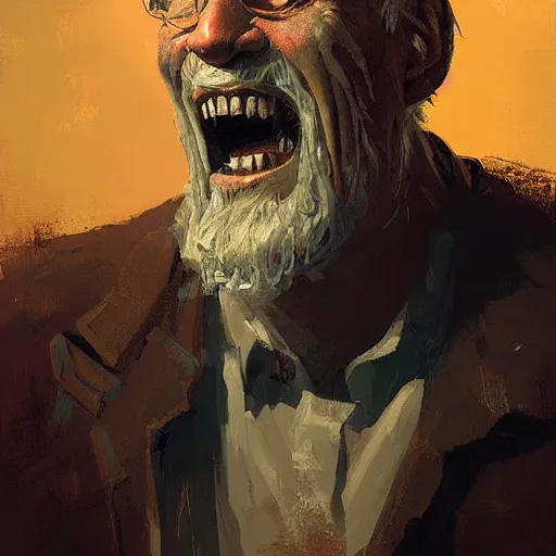 Image similar to old man portrait, hand grenade in his teeth, greg rutkowski art