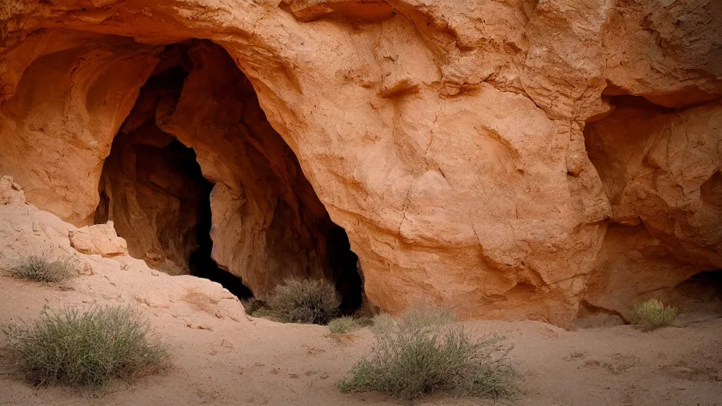 Prompt: patrick j. jones. rutkowski. holy cave entrance in the desert.