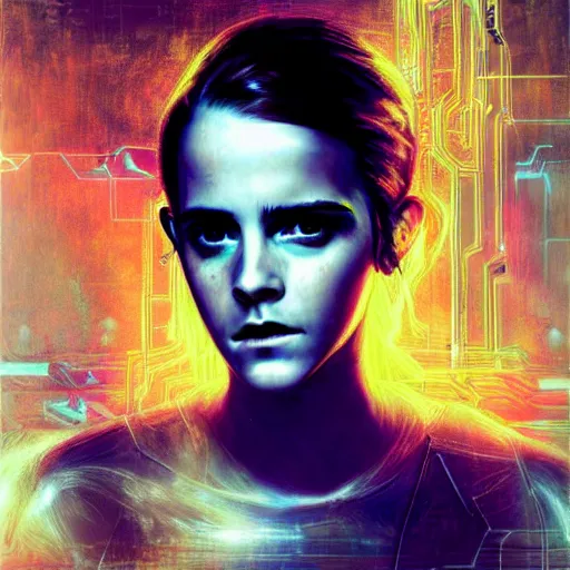 Image similar to female cyberpunk Emma Watson portrait by cy Twombly and BASTIEN LECOUFFE DEHARME, highly detailed circuit boards, led display, iridescent fractal, integrated wiring, high tech, neon lights