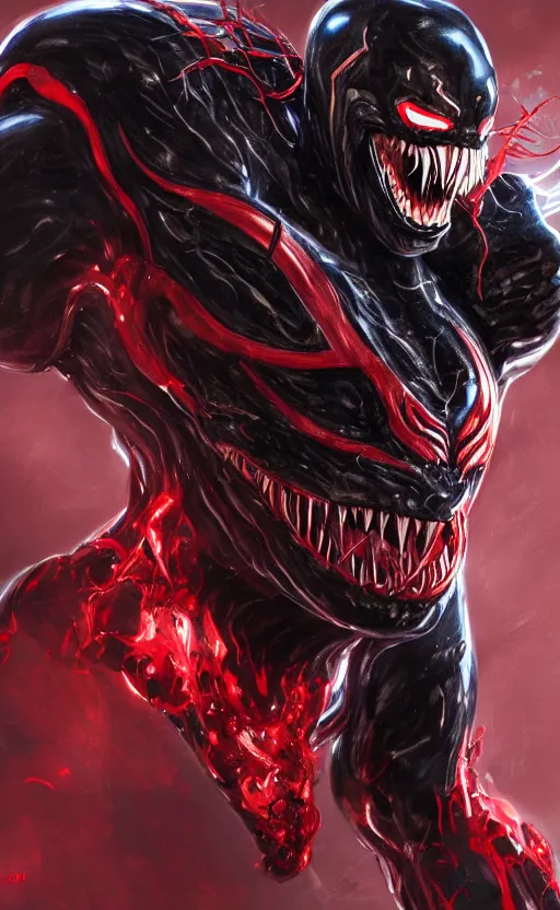 Image similar to venom in a venom inspired ironman suit, black and red, dynamic lighting, photorealistic fantasy concept art, trending on art station, stunning visuals, terrifying, creative, cinematic