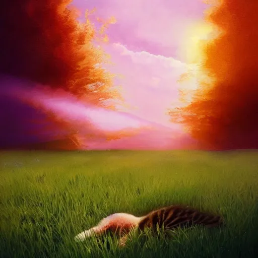 Prompt: kitten sleeping on the green grass pink clouds backlit by yellow sun, nostalgic, calming, aesthetic, volumetric fog, godrays, high contrast, high contrast, high contrast, vibrant colors, vivid colors, high saturation, by Greg Rutkowski and Jesper Ejsing and Raymond Swanland and alena aenami, featured on artstation, wide angle