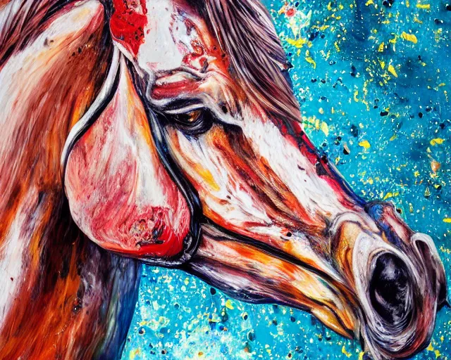 Prompt: still shot close up footage of the portrait of a horse head explodes and disintegrates into acrylic pour and splashing paint, motion blur, hyperrealistic, medical, intricate art photography, anatomically correct, realistic crisp textures, 1 6 k