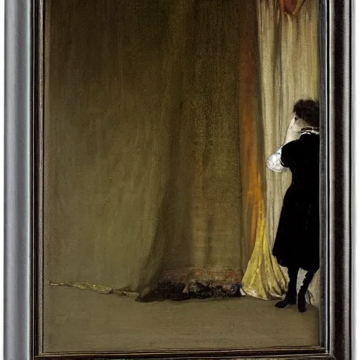 Prompt: a theatre actress waiting behind the curtain, by alfred stevens