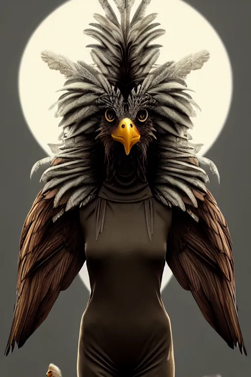 Prompt: epic professional digital portrait of female anthropomorphic human - eagle hybrid, wearing human air force jumpsuit, humanoid feathered head, eagle beak, by lisa roet, leesha hannigan, wayne haag, iris van herpen, artstation, cgsociety, epic, much wow, much detail, gorgeous, detailed, cinematic, masterpiece