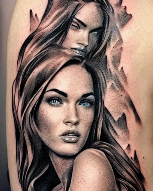 Prompt: tattoo design sketch of megan fox with amazing mountain scenery, double exposure effect, realism tattoo, in the style of den yakovlev, amazing detail, sharp