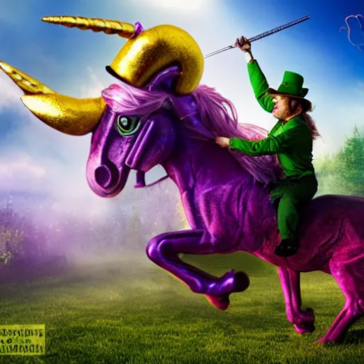 Image similar to leprechaun fighting a robotic unicorn, detailed, photorealistic, 8 k, wide shot,