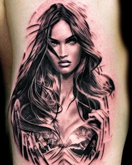 Image similar to creative double exposure effect tattoo design sketch of megan fox with beautiful mountain scenery, realism tattoo, in the style of matteo pasqualin, amazing detail, sharp