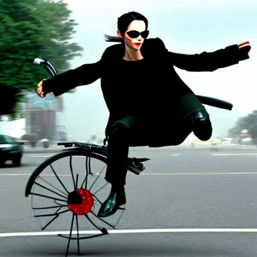 Image similar to neo from the matrix jumping the worlds smallest bicycle over a bus