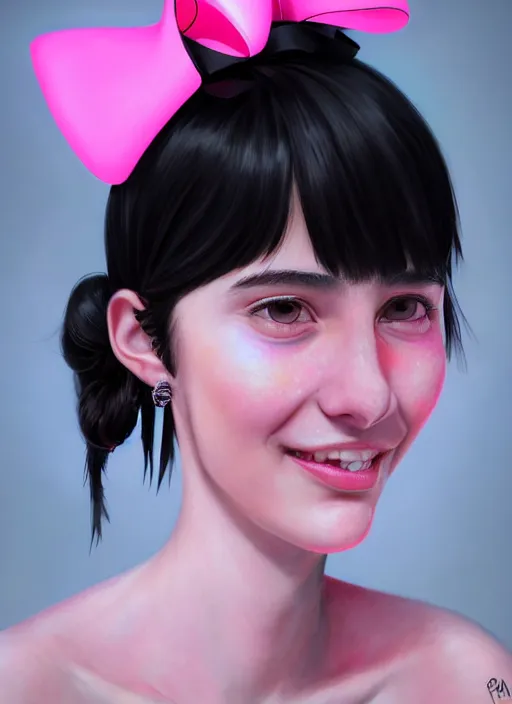Image similar to portrait of teenage girl, realistic, black hair, bangs, half updo hairstyle, pointy nose, skinny, smile, ugly, defined jawline, big chin, pink hair bow, earrings, intricate, elegant, glowing lights, highly detailed, digital painting, artstation, sharp focus, illustration, art by wlop, mars ravelo and greg rutkowski
