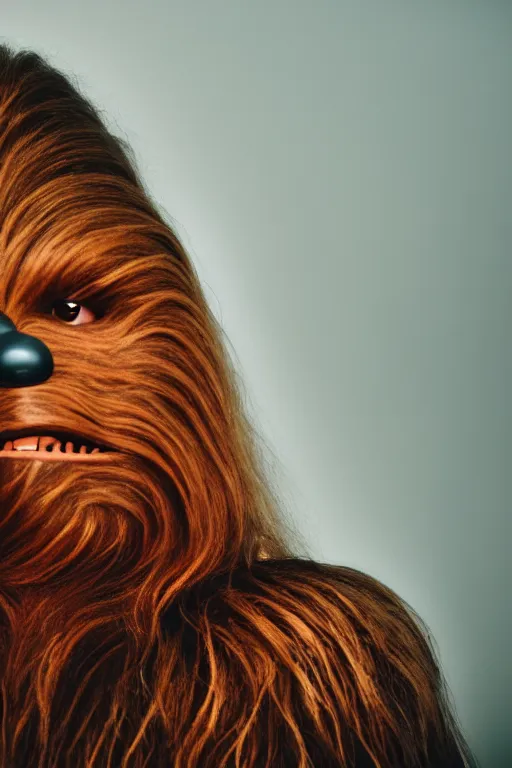 Image similar to photographic portrait of chewbacca suffering from male pattern baldness, cinematic photography, 35mm, evening light