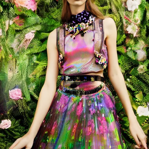 Image similar to young model wearing valentino 2 0 1 4 floral skirt and jeweled headpiece in a cyber holographic jungle, flowers