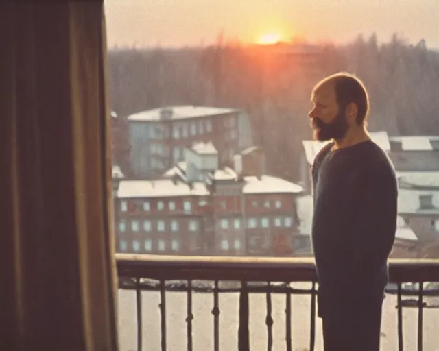 Image similar to lomographic tarkovsky film still of 4 0 years russian man with beard and sweater standing on small hrushevka 9 th floor balcony in taiga looking at sunset, perfect faces, cinestill, bokeh