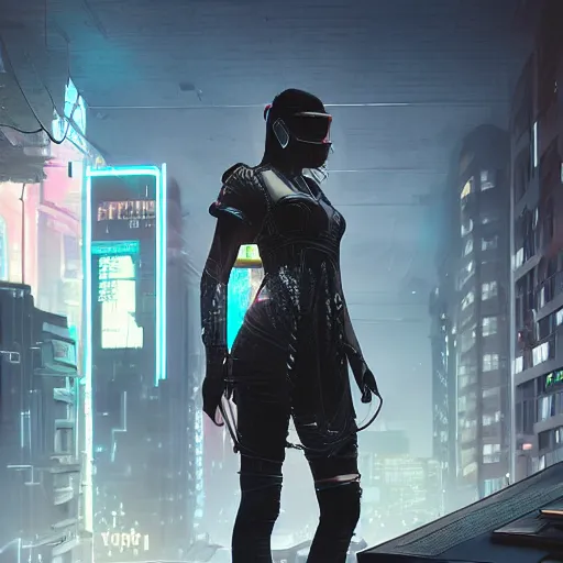 Prompt: trending on artstation 4k, unreal engine render, beautiful illustration of military woman standing in cyberpunk city