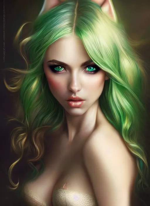 Prompt: a beautiful portrait, sexy fantasy elf. professionally retouched, soft lighting, wearing sexy black dessous, realistic, smooth face, perfect green eyes, long white hair with black highleights, wide angle, sharp focus on the eyes, 8 k high definition, insanely detailed, intricate, elegant, art by artgerm and wlop