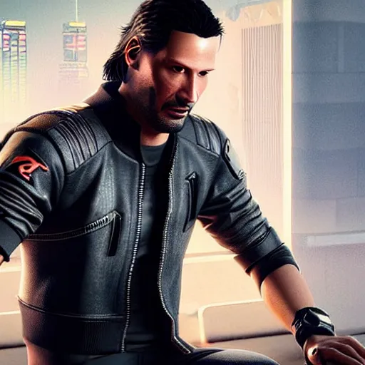 Image similar to Keanu Reaves in the Cyberpunk 2077 game