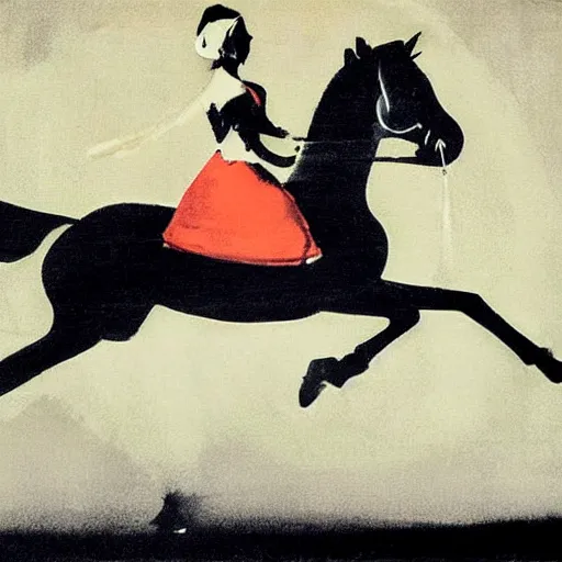 Prompt: tangerine calm by laszlo moholy - nagy, by banksy. a photograph of a heroine riding on a magnificent red horse. traditional russian folk costume & headscarf. pale & beautiful, resolve in her eyes. horse's hooves churn up earth as they gallop, dark forest looms.