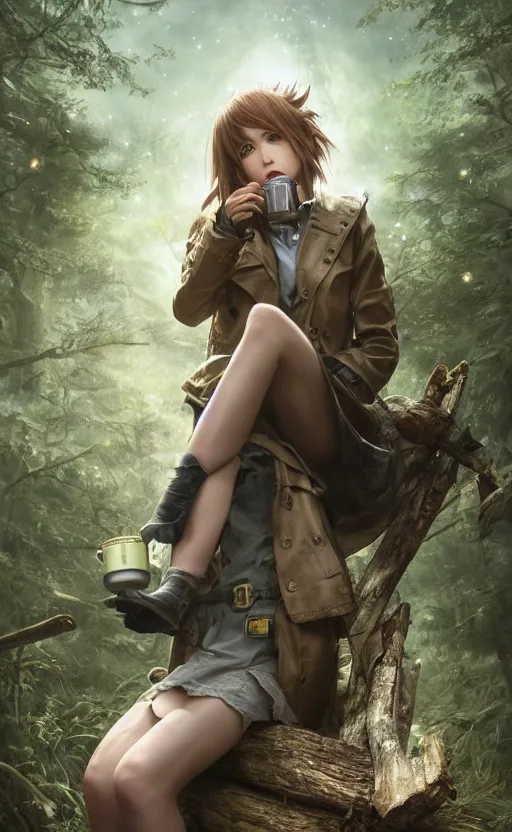 Image similar to a girl from final fantasy live action, with short black hair and green eyes in a tan trenchcoat sitting on a log and drinking tea by the campfire by her dieselpunk motorcycle at night under the stars, evocative, mystical night, very very very very detailed, award winning, masterpiece digital painting by greg rutkowski, alex grey, artstation, 4 k wallpaper