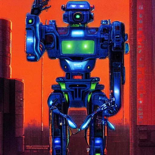 Image similar to arasaka mech, cyberpunk, art by michael whelan, red and blue neon