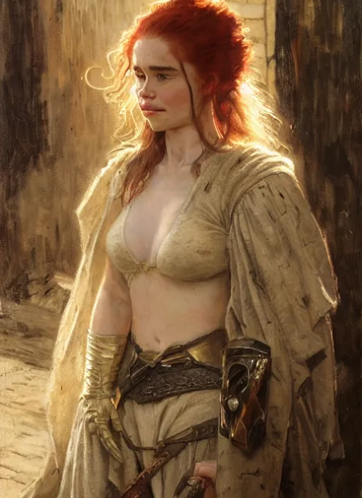 Prompt: short muscular redheaded woman wearing realistic medieval armour, young emilia clarke face paint, detailed by gaston bussiere, bayard wu, greg rutkowski, giger, maxim verehin, greg rutkowski, masterpiece, sharp focus, cinematic lightning