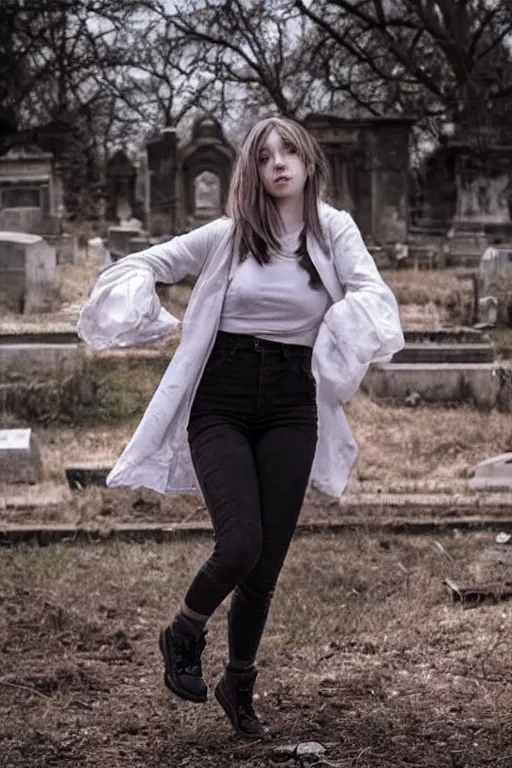 Image similar to egirl doing a shuffle dance in an abandoned graveyard, aesthetic!!, clean composition, outdoor lighting, beautiful highly symmetric face, gazing eyes