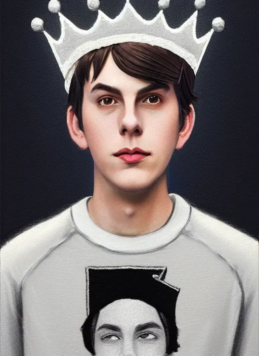 Image similar to portrait of teenage jughead jones wearing a light grey crown, photorealistic, crown, eyes closed, crown, black hair, sweater with letter s on it, letter s, intricate, elegant, glowing lights, highly detailed, digital painting, artstation, concept art, smooth, sharp focus, illustration, art by wlop, mars ravelo and greg rutkowski