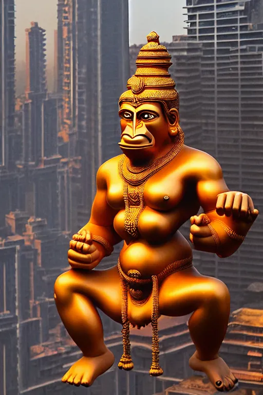 Prompt: high quality 3 d neoclassical biomorphic hanuman! head buildings in mumbai!! centre, hyperrealistic, cinematic smooth, berenice abbott & john j. park, hard warm morning light, wide shot, high angle, uhd 8 k, sharp focus