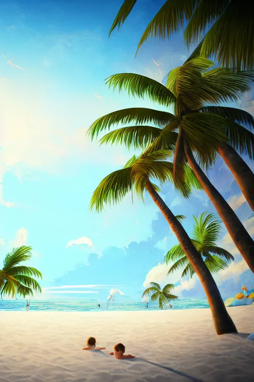 Prompt: a beautiful children ’ s illustration on paper of a beach with coconut palms 8 k, frostbite 3 engine, cryengine, dof, trending on artstation, digital art, crepuscular ray