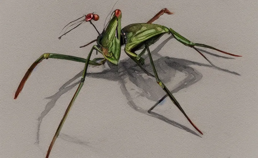 Image similar to concept art of a mantis insect, pinterest, artstation trending, behance, watercolor, by coby whitmore, silver, laser light,