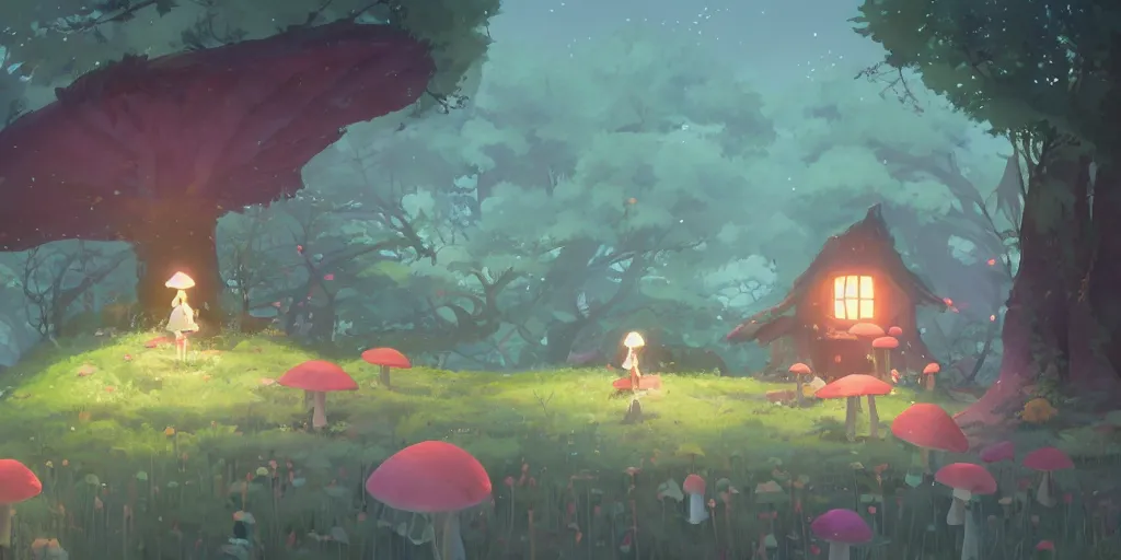 Image similar to fairy mushrooms house, moss, lianne, by cory loftis & akihiko yoshida & james gilleard & atey ghailan & makoto shinkai & goro fujita & studio ghibli, rim light, exquisite lighting, clear focus, magic atmosphere, lights, night, very coherent, plain background, soft painting