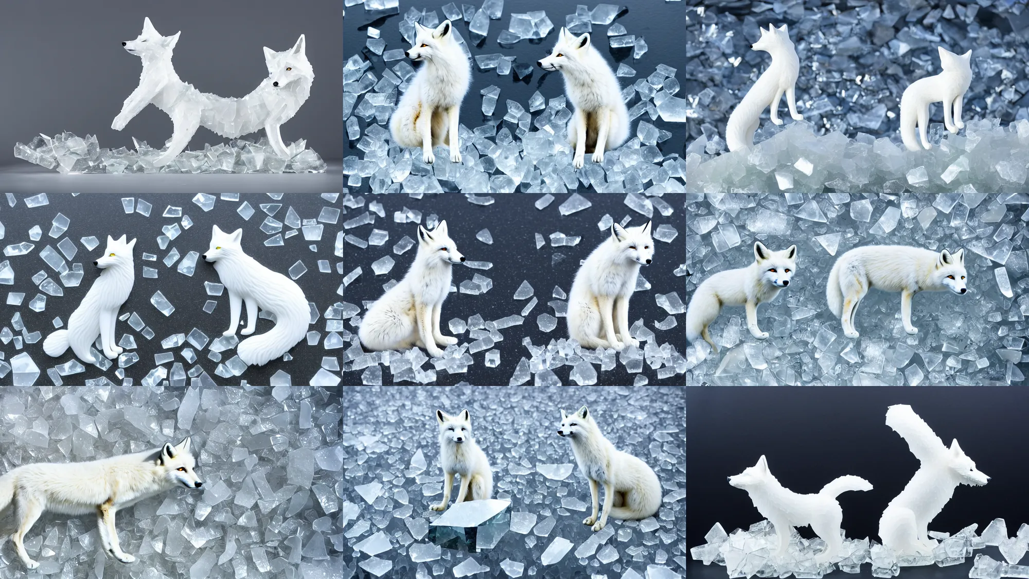 Prompt: jagged glass sculpture of a white fox atop shattered shards of glass in an ice floe