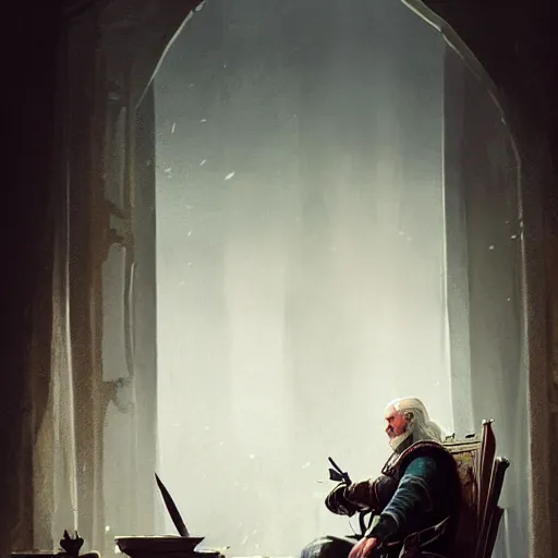 Image similar to old fatman sitting on chair reads the witcher saga, light stubble, digital art, photorealistoc, art by greg rutkowski, hyperdetailed, western comic style, comic, comic style, sharp lineart, professional lighting, deviantart, artstation, trevor henderson, rossdtaws, cinematic, dramatic