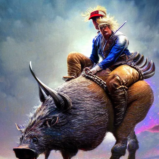 Prompt: hyperrealistic mixed media painting of Trump riding a Boar, stunning 3d render inspired art by P. Craig Russell and Barry Windsor-Smith, 8k octane beautifully detailed render, post-processing, extremely hyperdetailed, intricate, epic composition, grim yet sparkling atmosphere, cinematic lighting + masterpiece, trending on artstation, very detailed, masterpiece, stunning