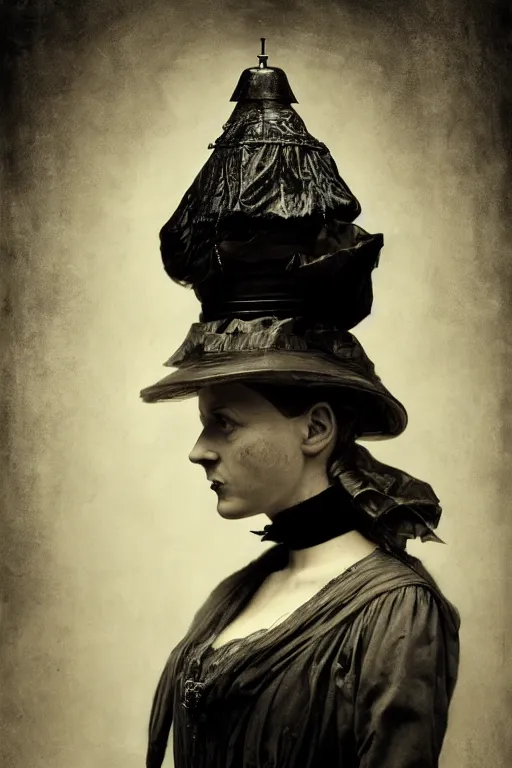 Image similar to wet plate photograph portrait of a victorian woman with a car head for her head, dressed in a victorian - era clothing, dramatic lighting, highly detailed, digital painting, artstation, concept art, smooth, sharp focus, illustration, art by wlop, mars ravelo and greg rutkowski