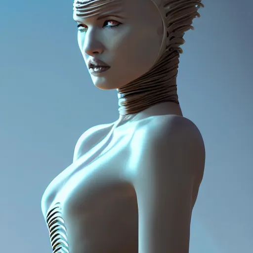 Image similar to dune inspired avant-garde art, deco fashion, highly detailed, photorealistic portrait, white studio setting, studio lighting, crisp quality and light reflections, unreal engine 5 quality render