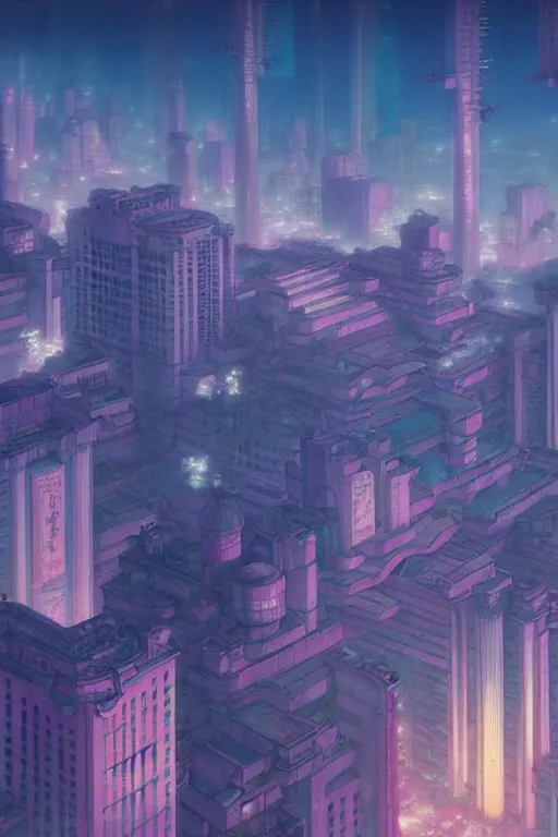 Image similar to vaporwave city, exquisite details, denoised, mid view, by artsation, greg rutkowski, makoto shinkai, takashi takeuchi, studio ghibli